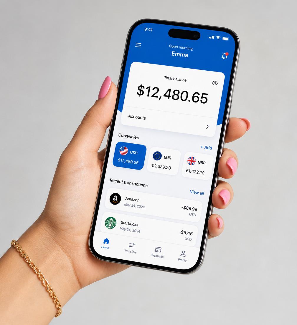 Phone showing a Trullo multi-currency account with USD, EUR and GBP balances