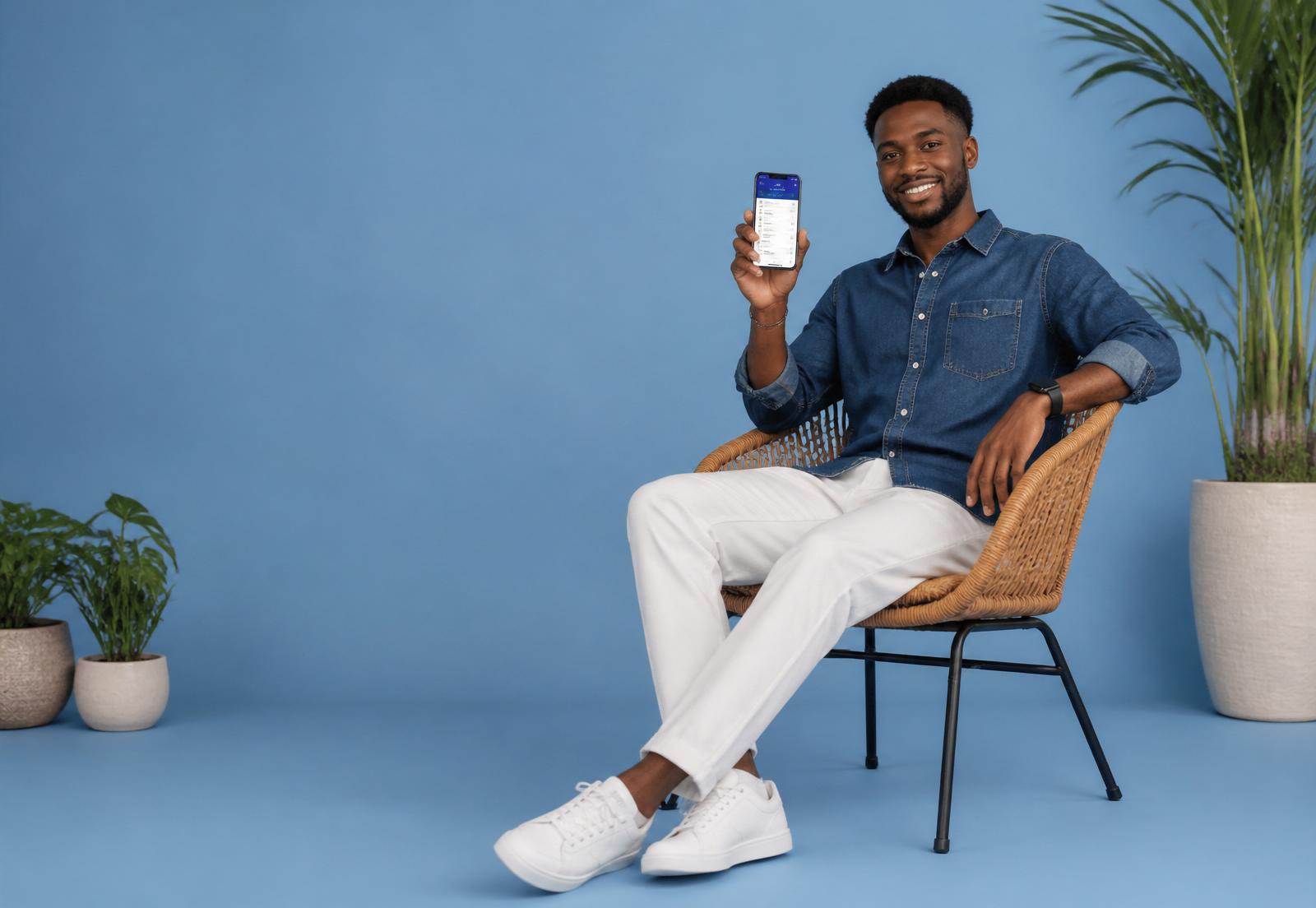 Man sitting in a rattan chair holding a phone with the Trullo app open
